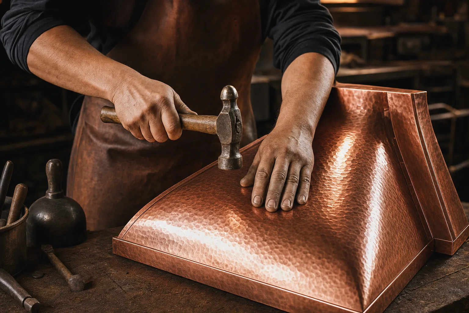 Copper hood being hand-hammered in the workshop