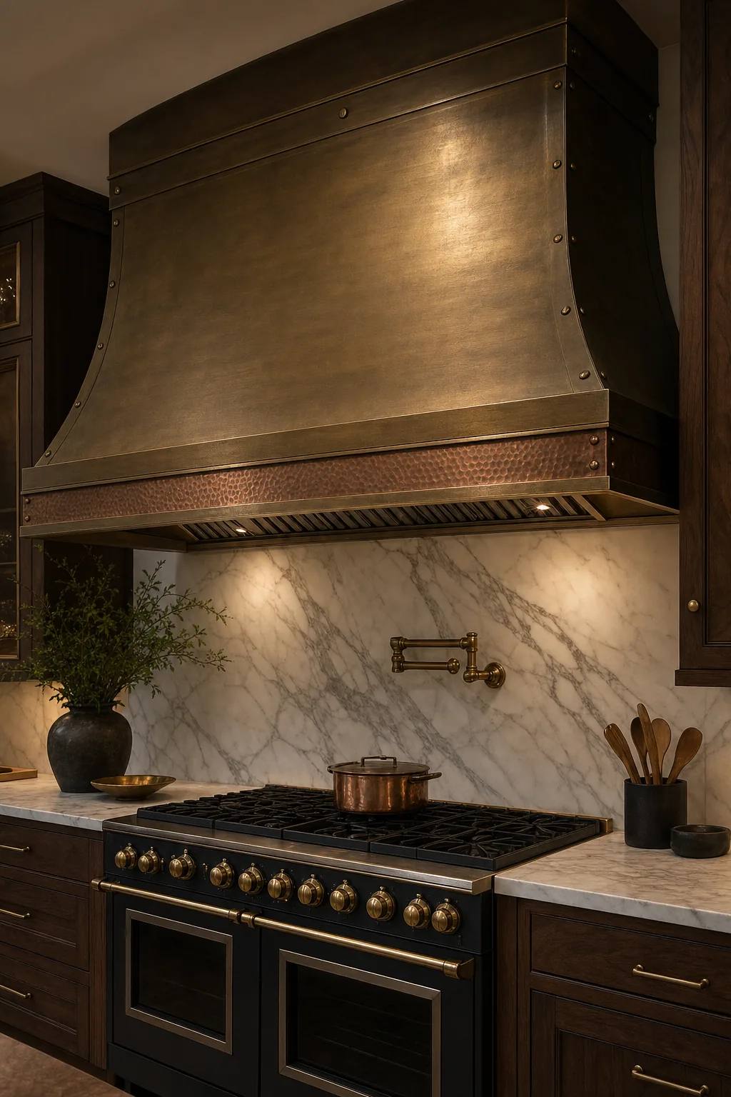 Hand-forged brass range hood with hammered copper reveal over a professional range in a luxury kitchen