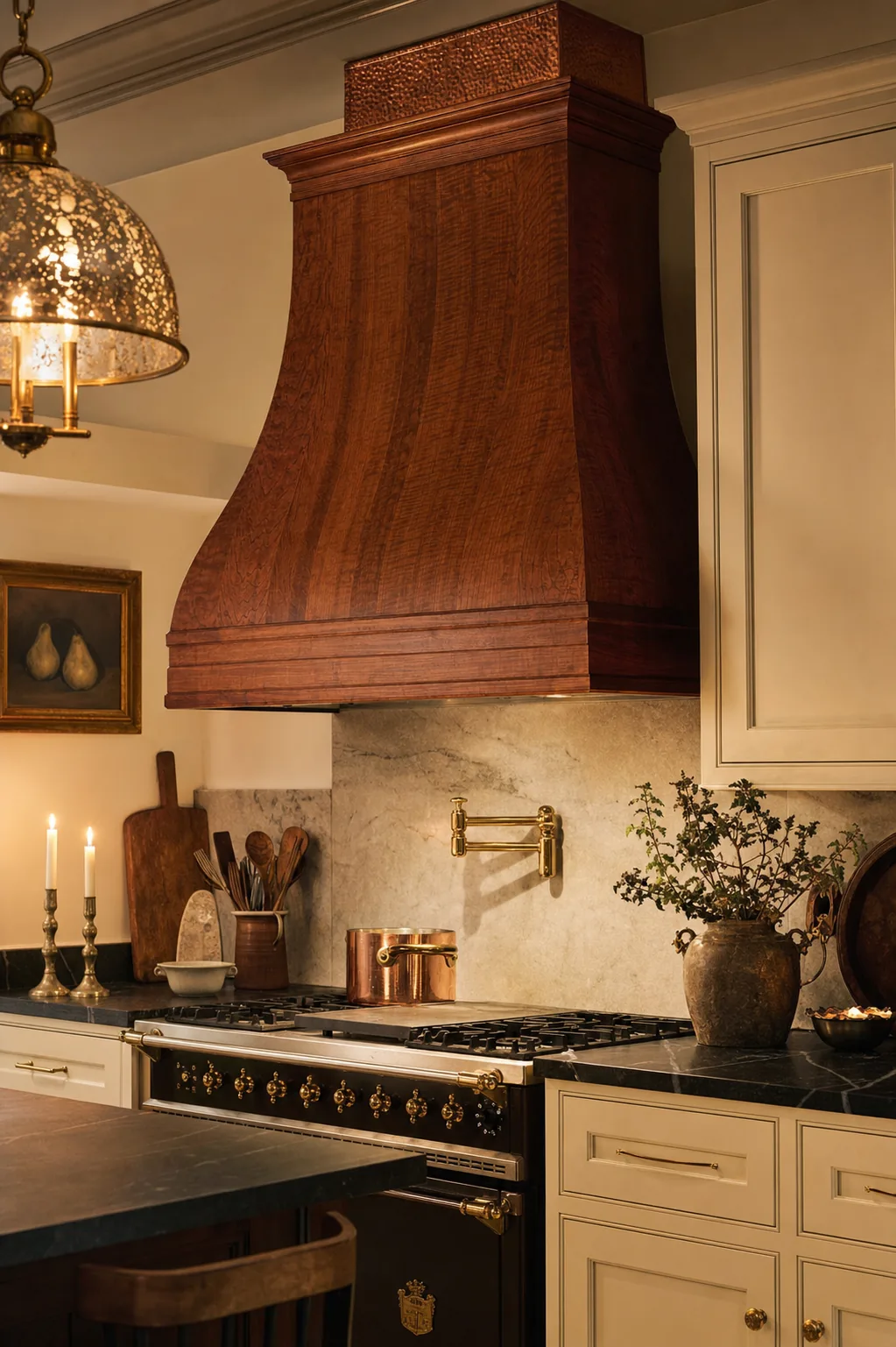 French chapeau cherry wood hood with curved cheeks and hammered copper cap