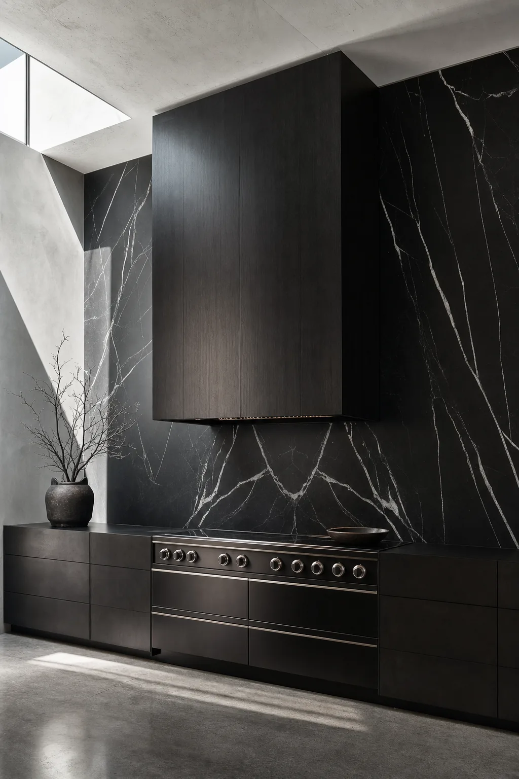 Ebonized dark stain hard maple architectural hood over an induction range with black marble backsplash
