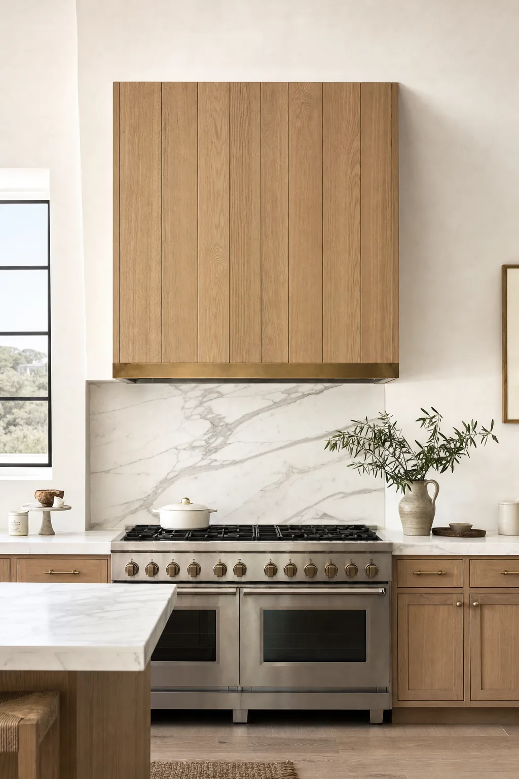 Quarter-sawn white oak flat-panel hood with slim aged brass base band in a coastal-modern kitchen