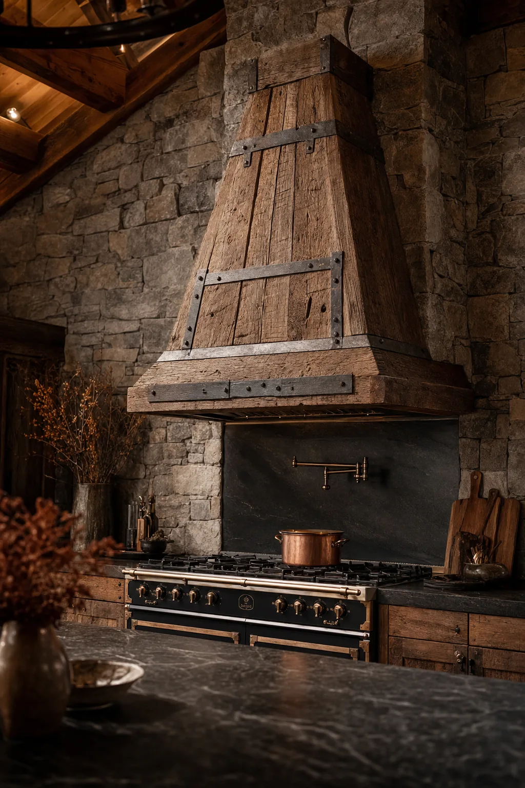 Chimney-tapered reclaimed barn wood hood with iron strapping in a stone mountain kitchen