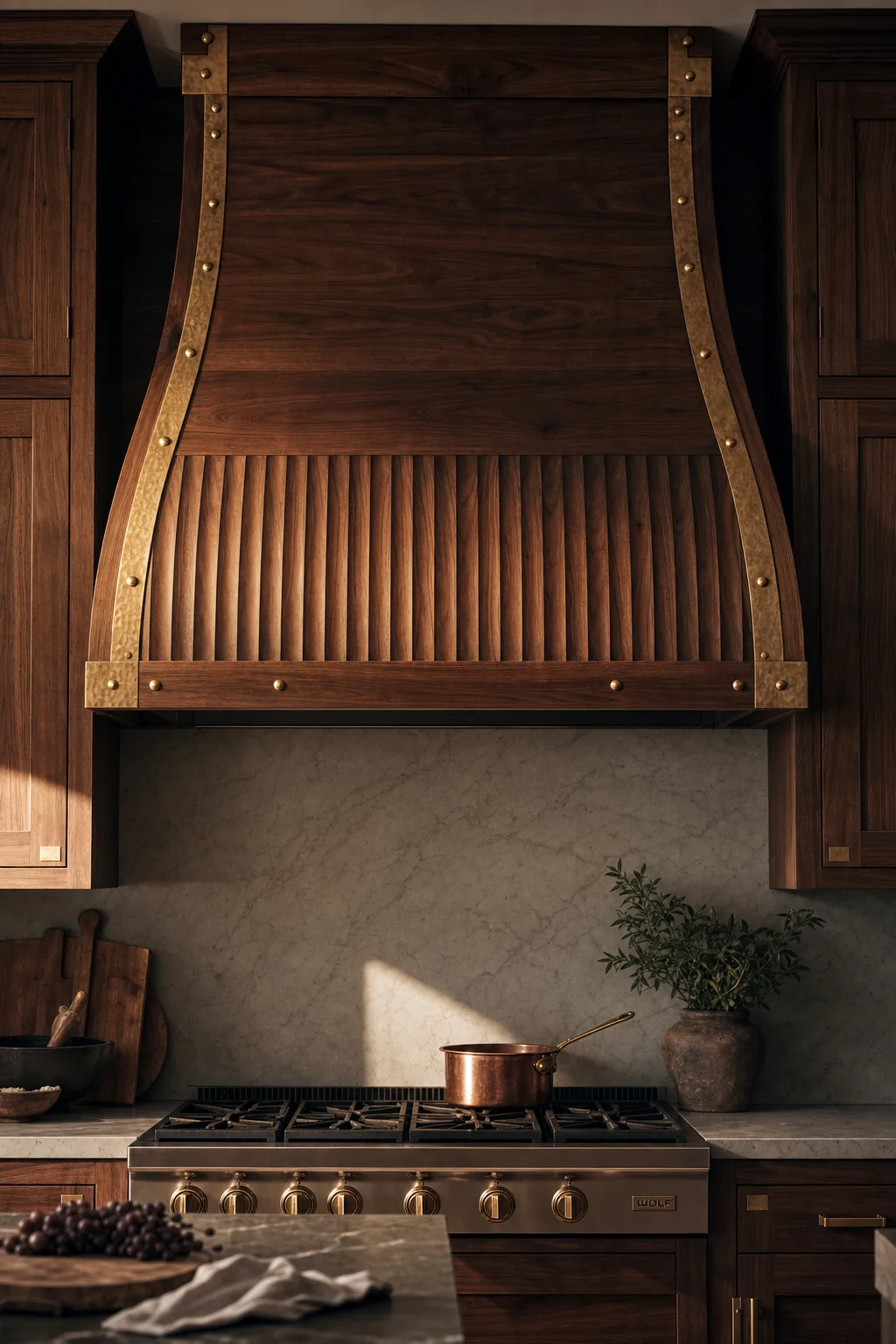 Curved barrel-arch walnut range hood with hand-carved fluting and hammered brass strapping